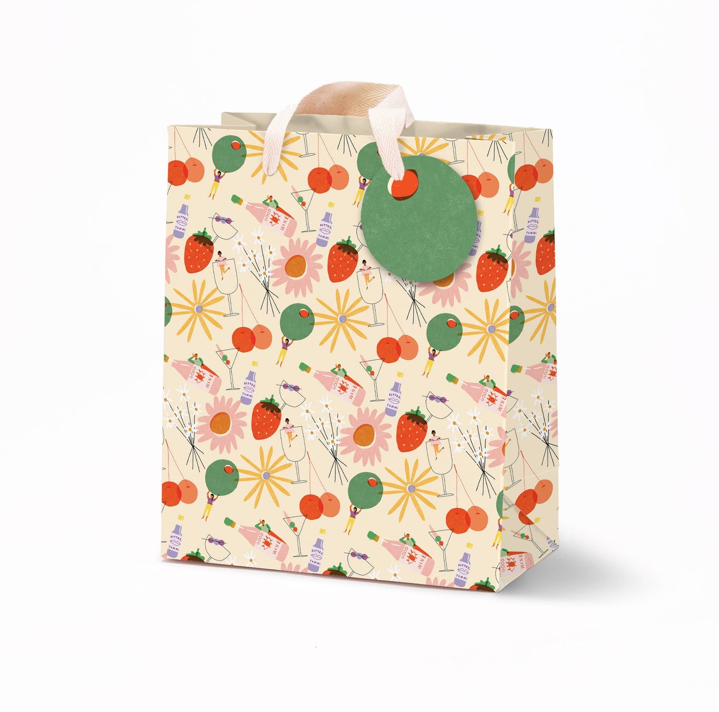 Gift bag designed with tiny people reveling, vibrant colors, strawberries, cherries, olives, flowers, wine bottles and various cocktail glasses, all on a white background. Gift tag attached to bag is a green olive. 