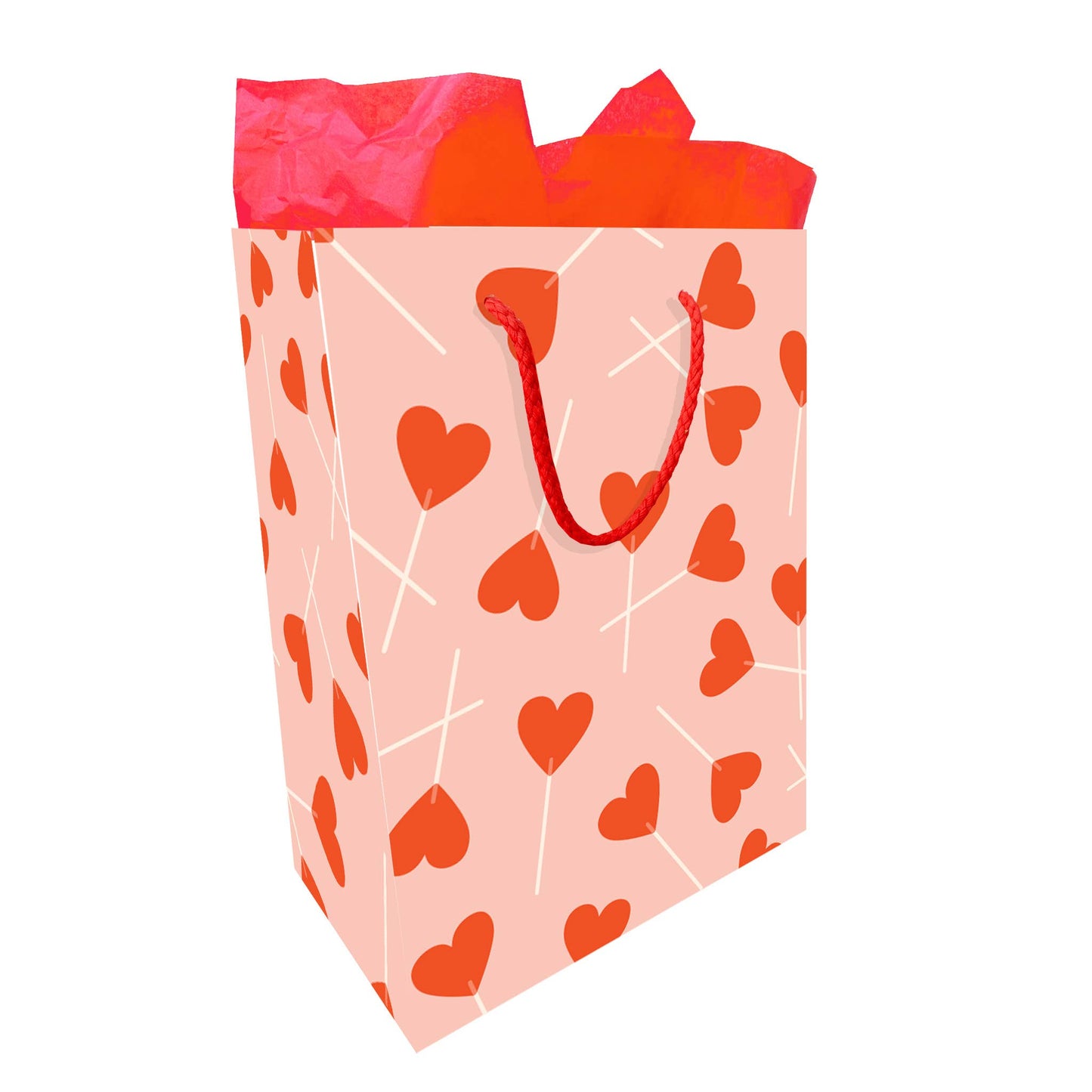 Valentine's Day gift bag --mostly pink with red, heart lollipops all over. 