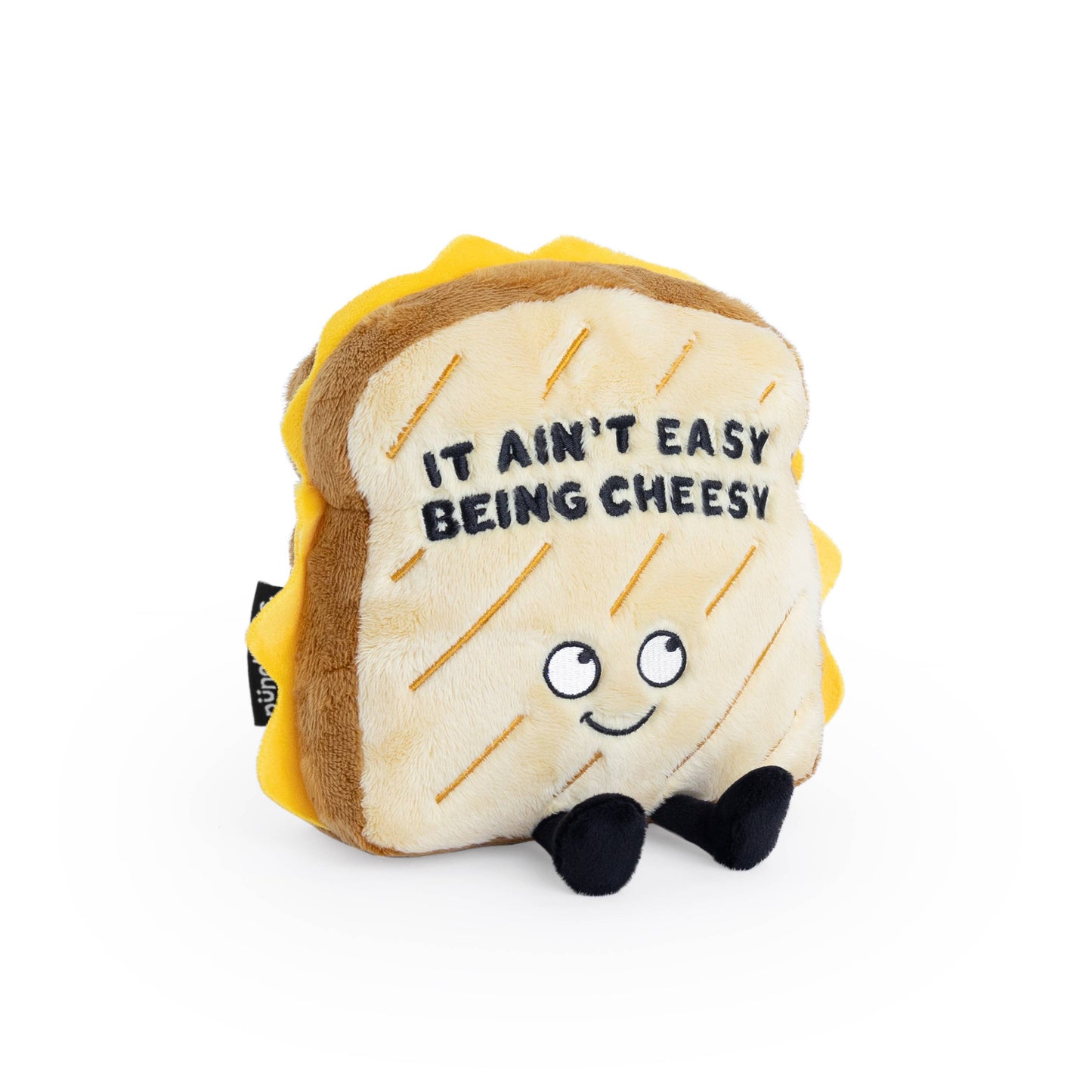 Grilled cheese plush toy that reads "It ain't easy being cheesy" 