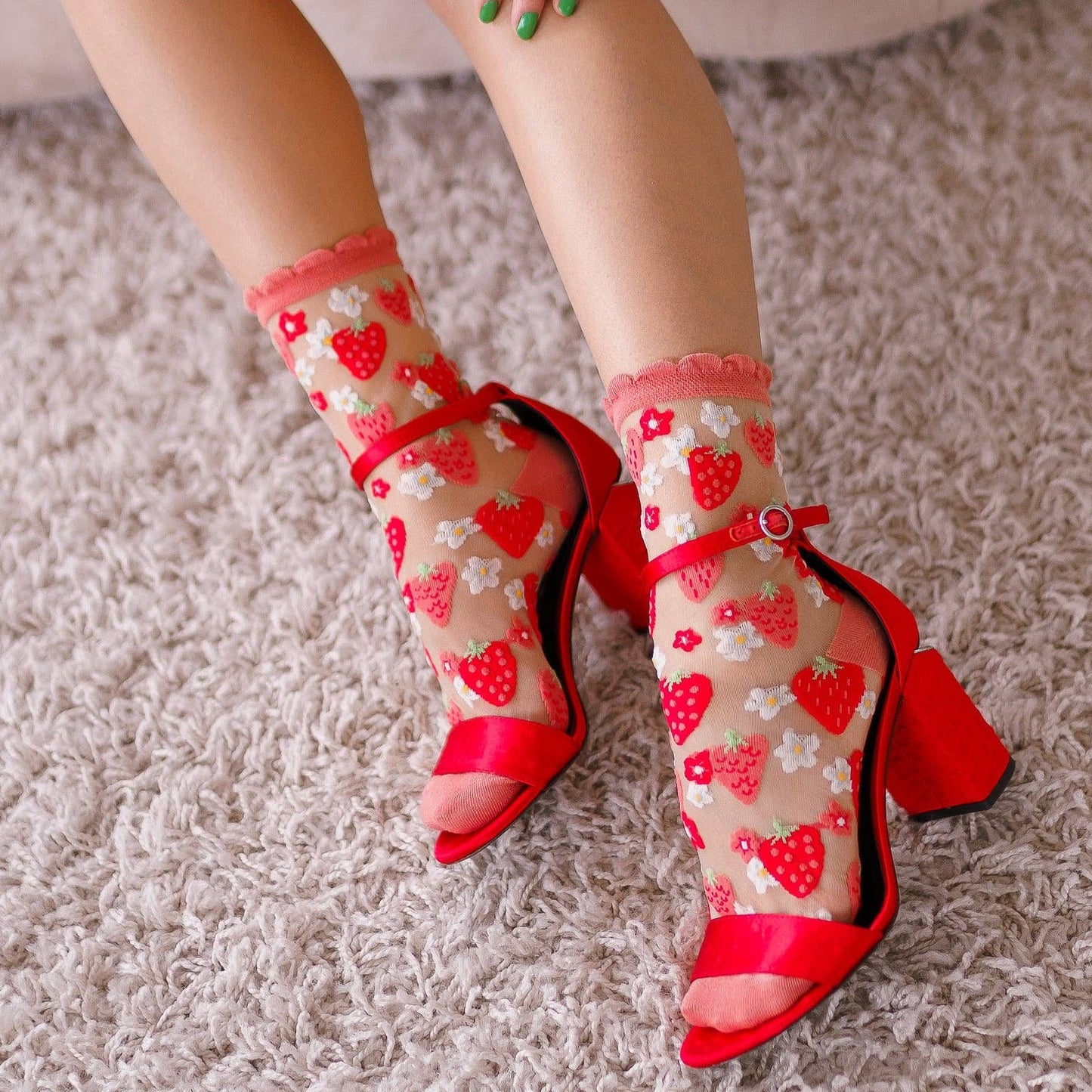 Pink and red strawberry sheer crew socks