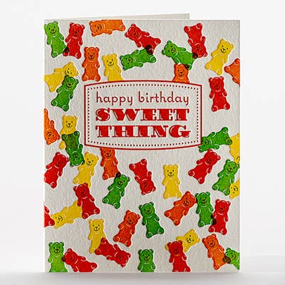 "Happy Birthday Sweet Thing" card with a bunch of Gummybears in yellow, green, red and orange colors.