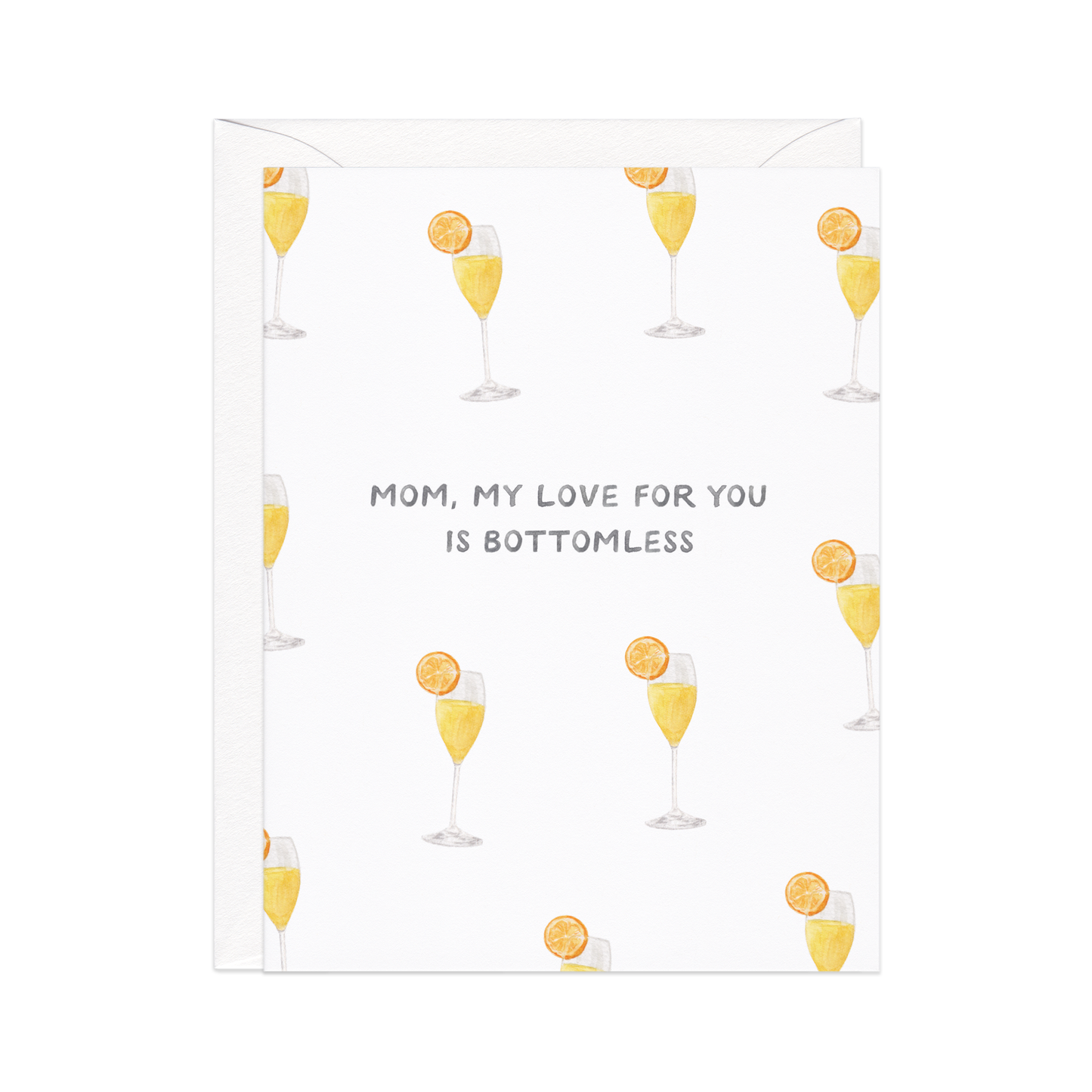 Greeting card with mimosa pattern. The card says "mom, my love for you is bottomless."