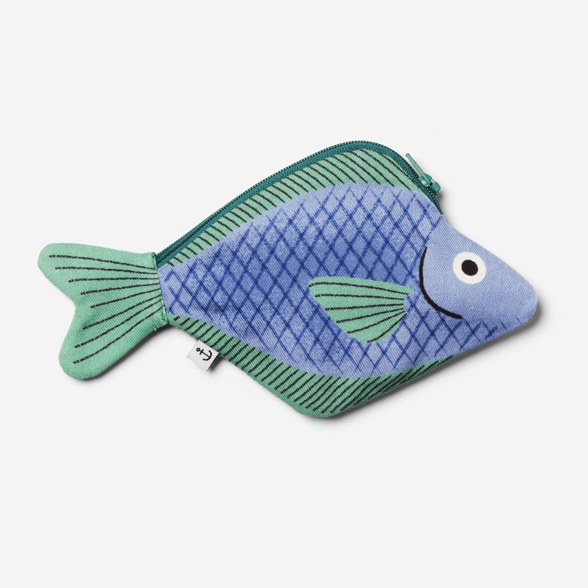 Seabream Fish Pouch -- fish is lilac with dark blue criss-crossed lines for the scales. Top, bottom and tail fins are all light blue 