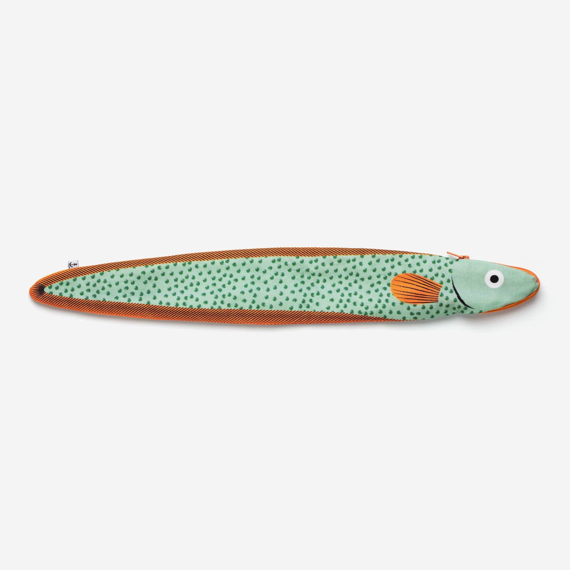 Eel pouch for knitting needles -- mint blue with darker small spots and orange edges and fin