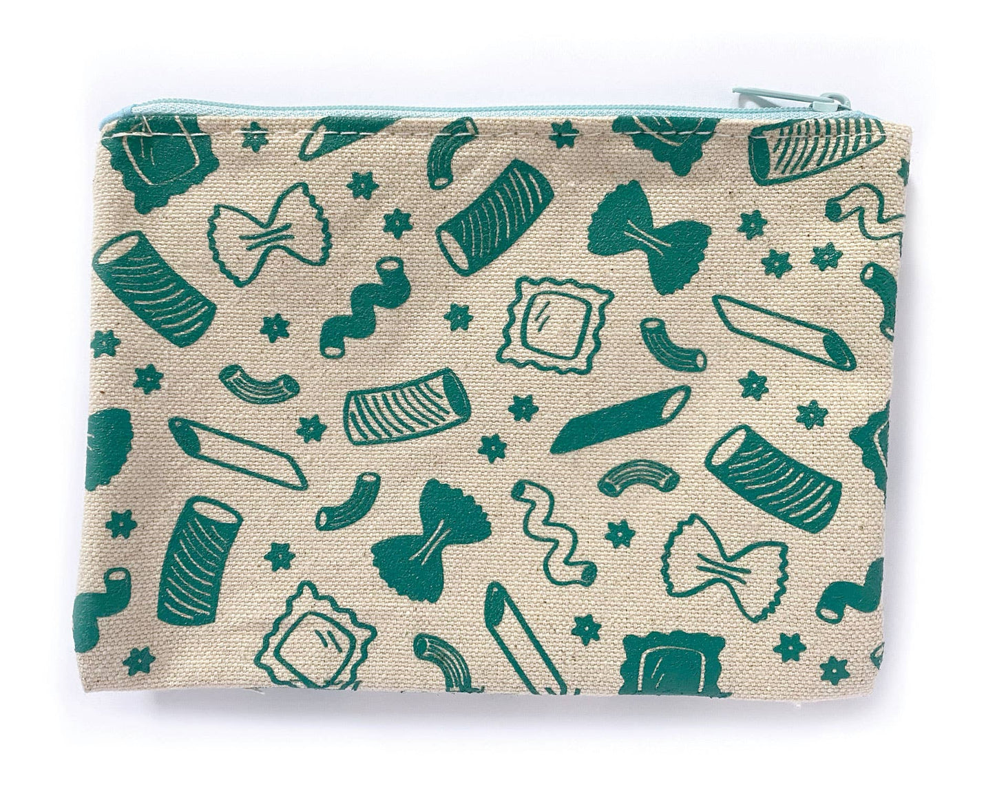Canvas zippered pouch -- design print are various pasta noodles. Printed in a teal color, zipper is light blue. 