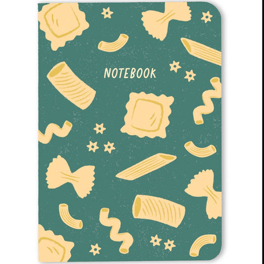 Teal, blank pocket notebook designed with various pasta shapes on the front