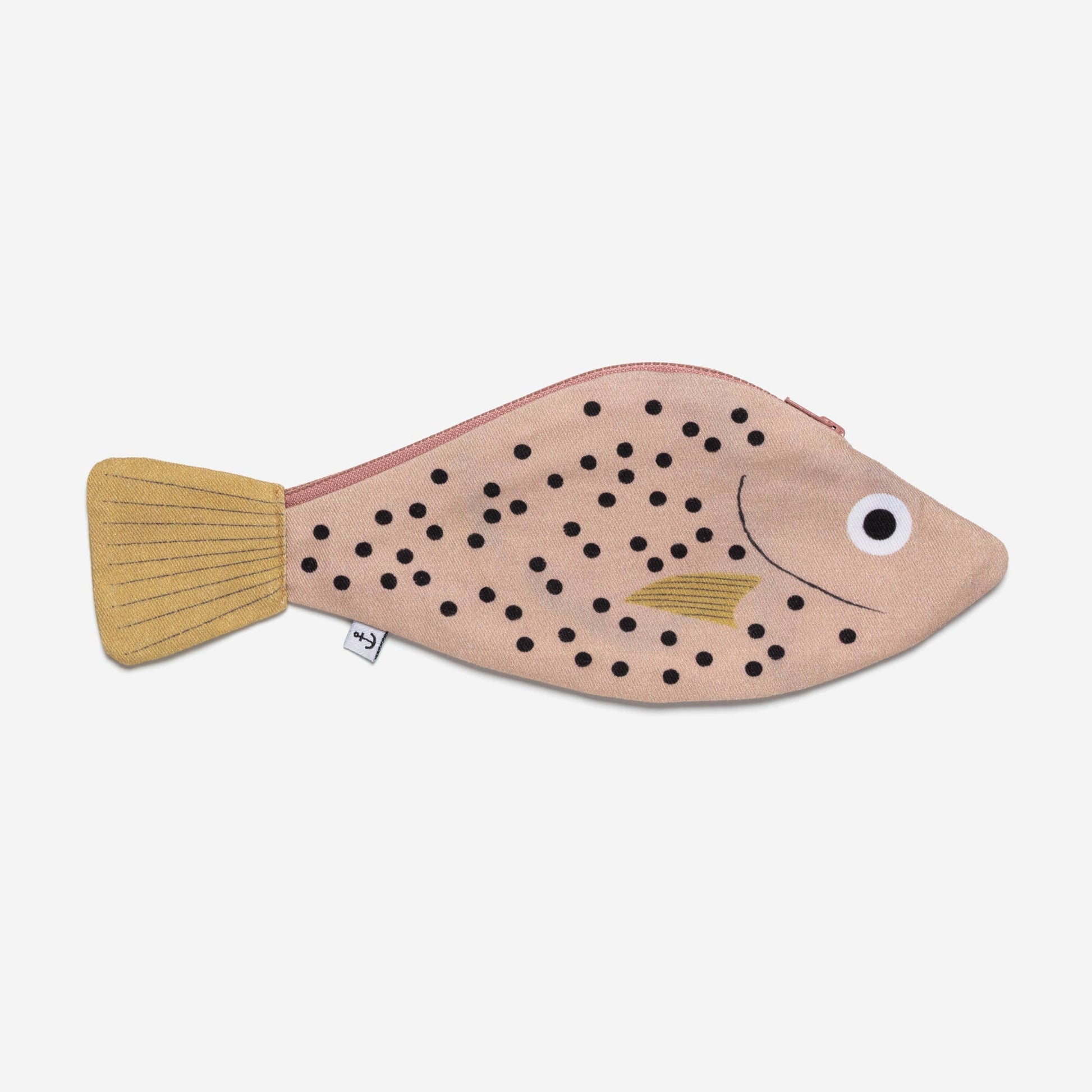 Redfish zippered pouch -- body is a light red with black dots, fins are yellow with stripes 