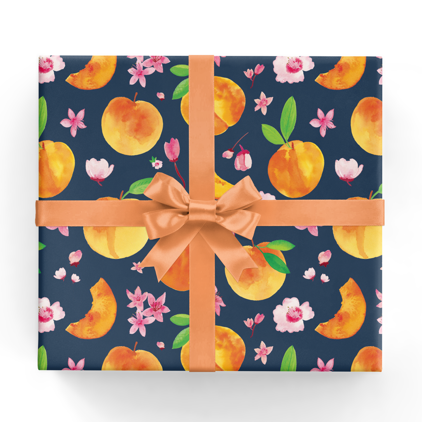 Peaches sheet of wrapping paper -- navy with peaches and pink flowers all over it 