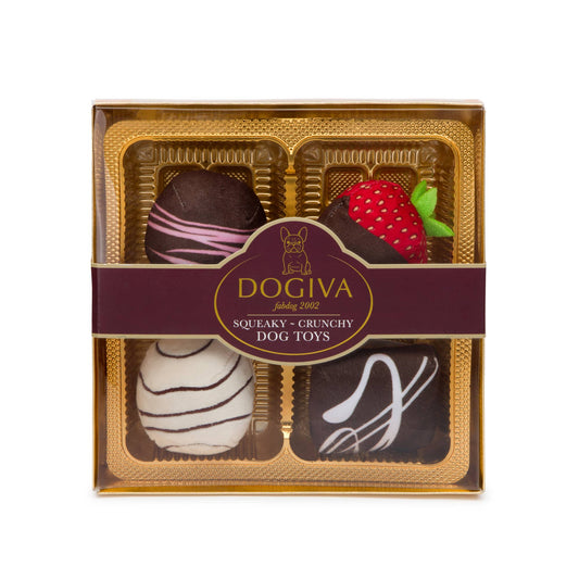 4 separate Dogiva dog toys made to look like Godiva chocolates/treats