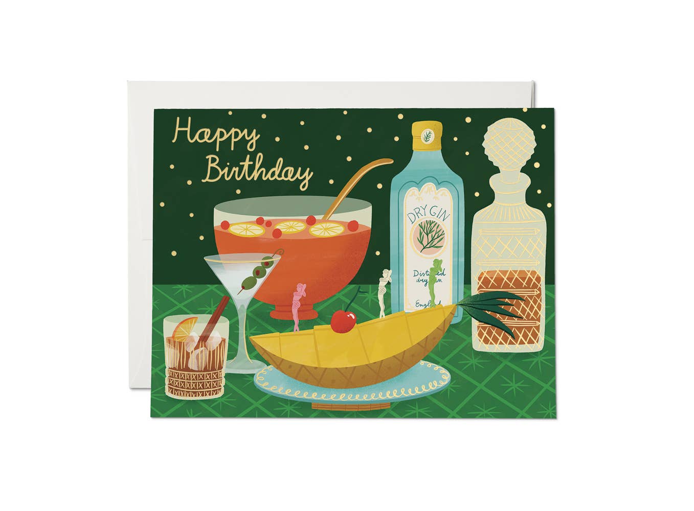 Birthday greeting card that reads "Happy Birthday" and has various boozy drinks. 