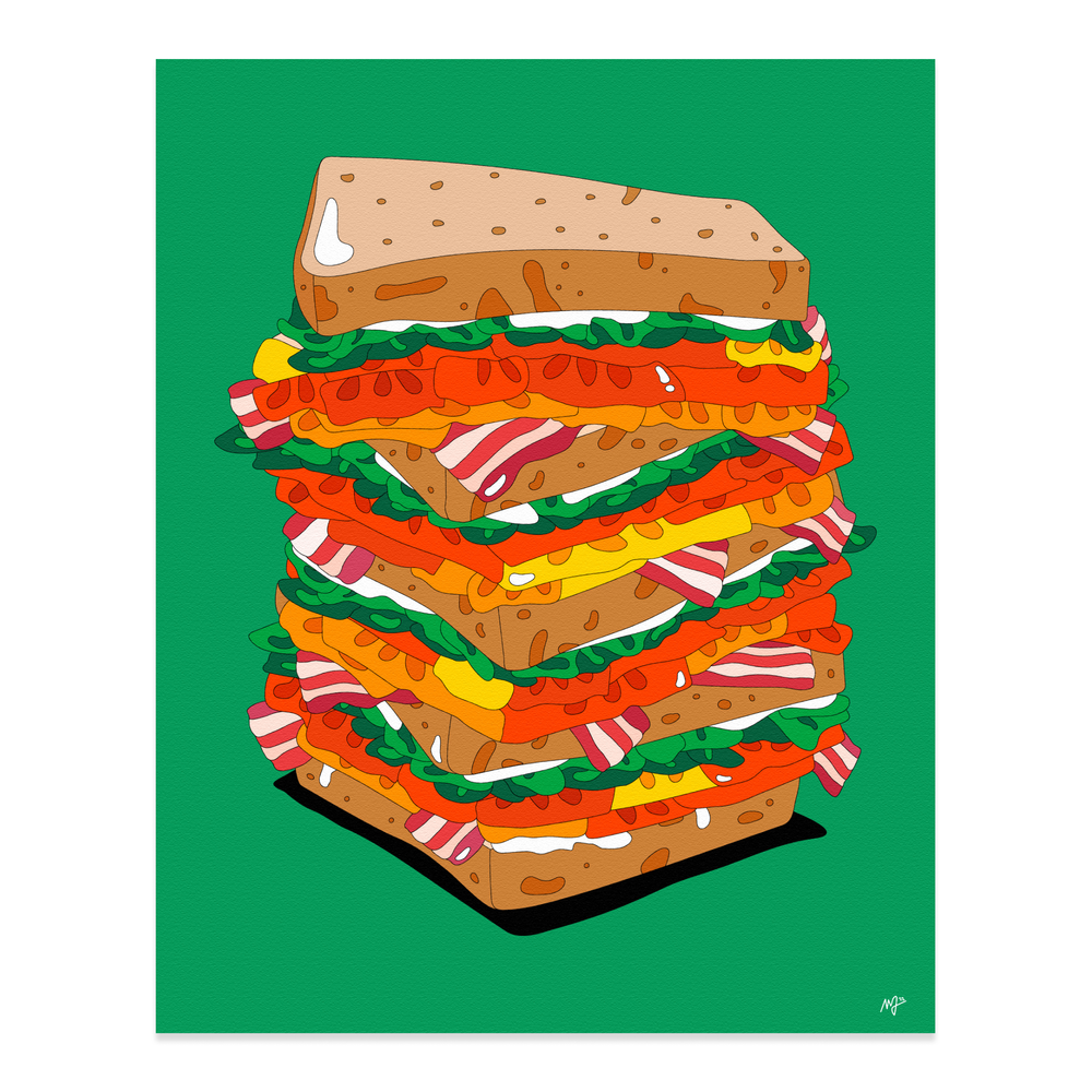 Print by Marianna Fierro; illustration of a four-tiered BLT sandwich. 