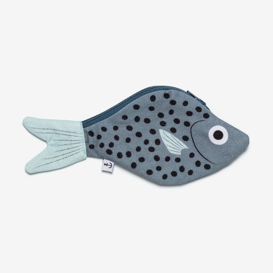 Bream fish zippered pouch -- fish is ash blue with black spots on the body. Side and tail fin are light blue 