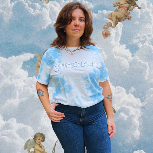 Burrata cloud tie dye t-shirt on model 