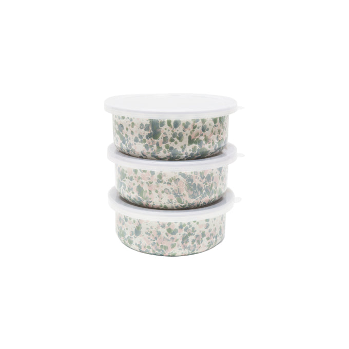 Stack of 3 enamel stond pinkrage bowls with lids. Colorway: Mint Hibiscus --  Gray, mint and pink splatter pattern throughout