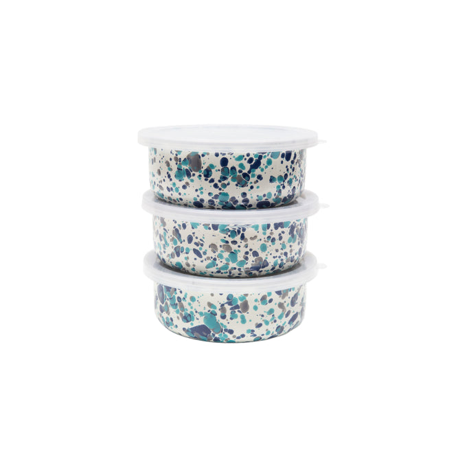 Stack of 3 enamel storage bowls with lids. Colorway: Blue Tides -- navy, teal and gray splatter pattern throughout