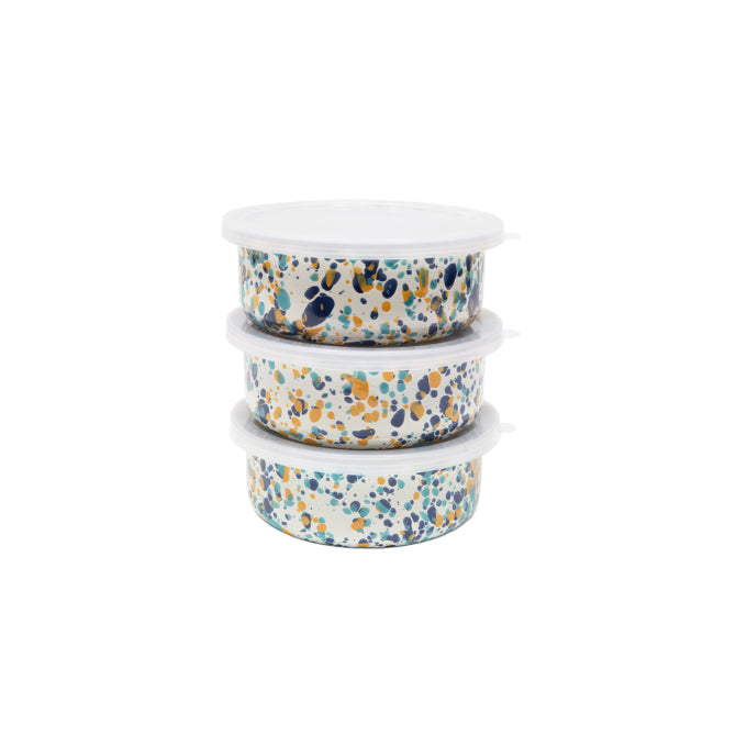 Stack of 3 enamel storage bowls with lids. Colorway: Bermuda Buttercup -- navy/yellow/teal splatter pattern throughout. 