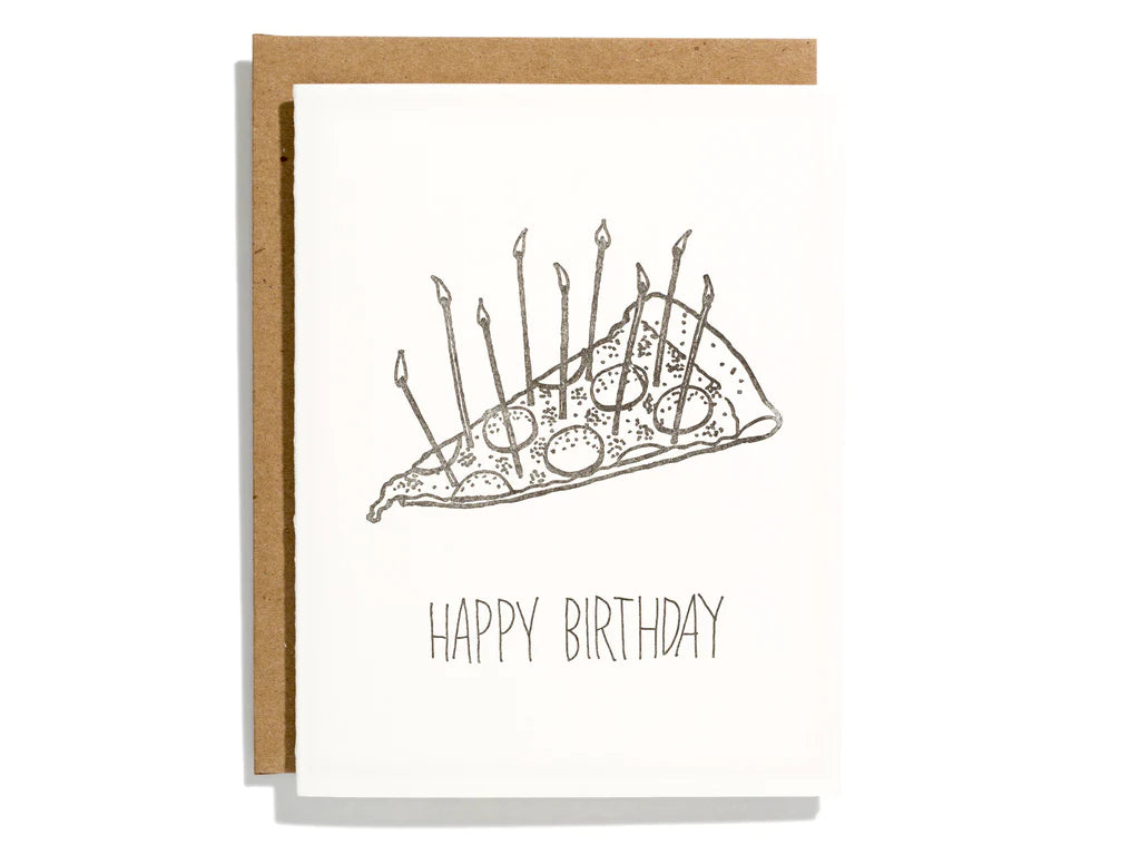 Pizza birthday card that reads "Happy Birthday" --- slice of pizza with birthday candles on it 