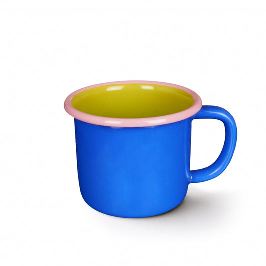 Mug made by fusing porcelain on to steel -- bottom portion + handle is electric blue, inside is chartreuse and top rim is light pink. 