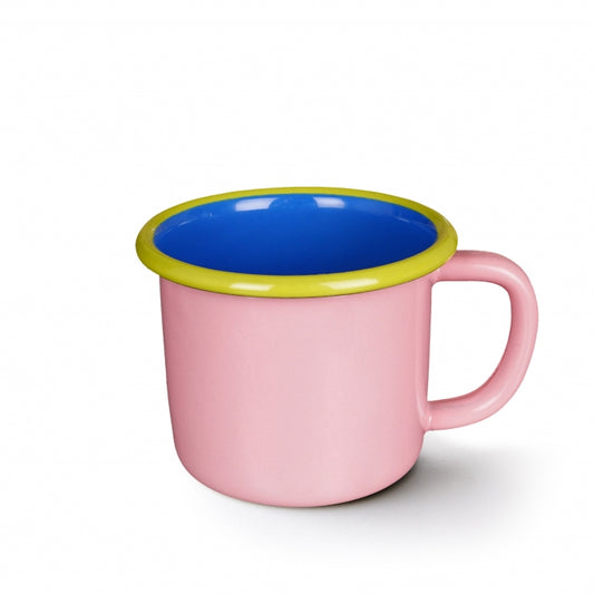 Mug made by fusing porcelain to steel -- bottom portion + handle are light pink, inside is electric blue and rim on top is chartreuse. 