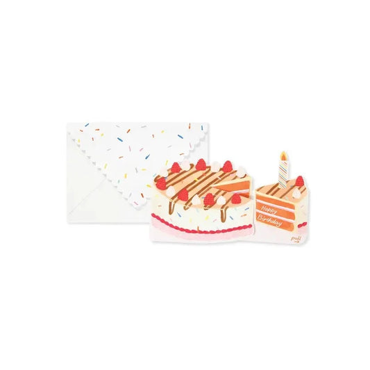 Interactive birthday greeting card -- slice pulled out to reveal candle and "happy birthday" message 