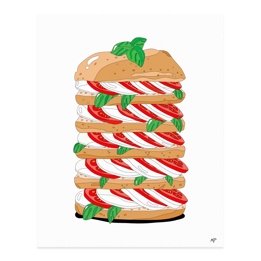 Print by Marianna Fierro; illustration of caprese ingredients layered into a five tier sandwich. 