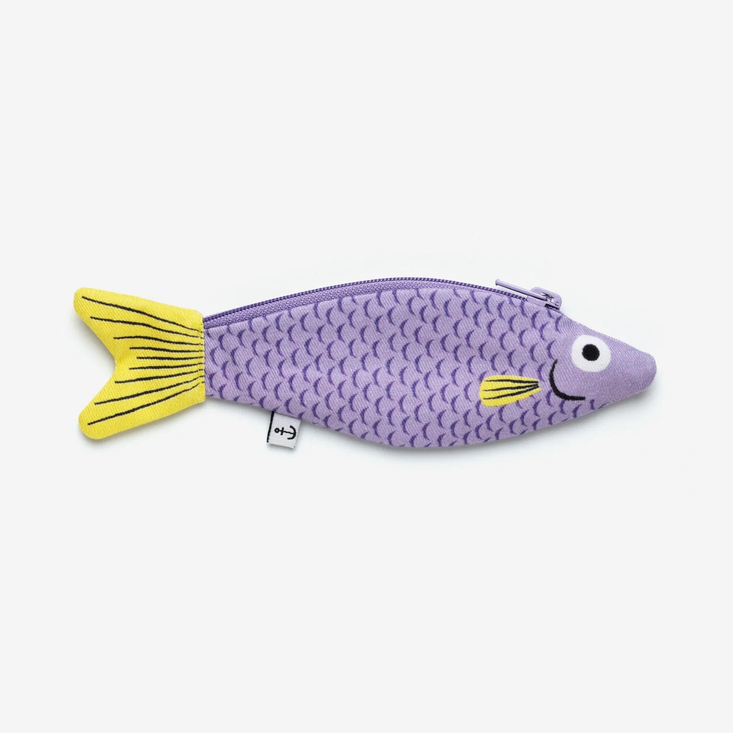 Zippered pouch made to look like a fish -- fish has a lilac colored body and yellow tail 
