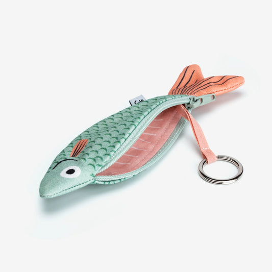 Cardenal fish pouch -- unzippered to show interior + attached keyring 