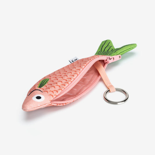 Cardenal fish pouch unzippered to show interior + attached key ring 