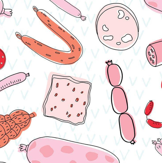 Wrapping paper with various charcuterie meat illustrations as the print