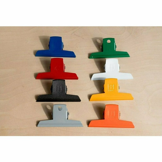 8 colorful chip clips in blue, red, black, gray, dark green, white, yellow and orange