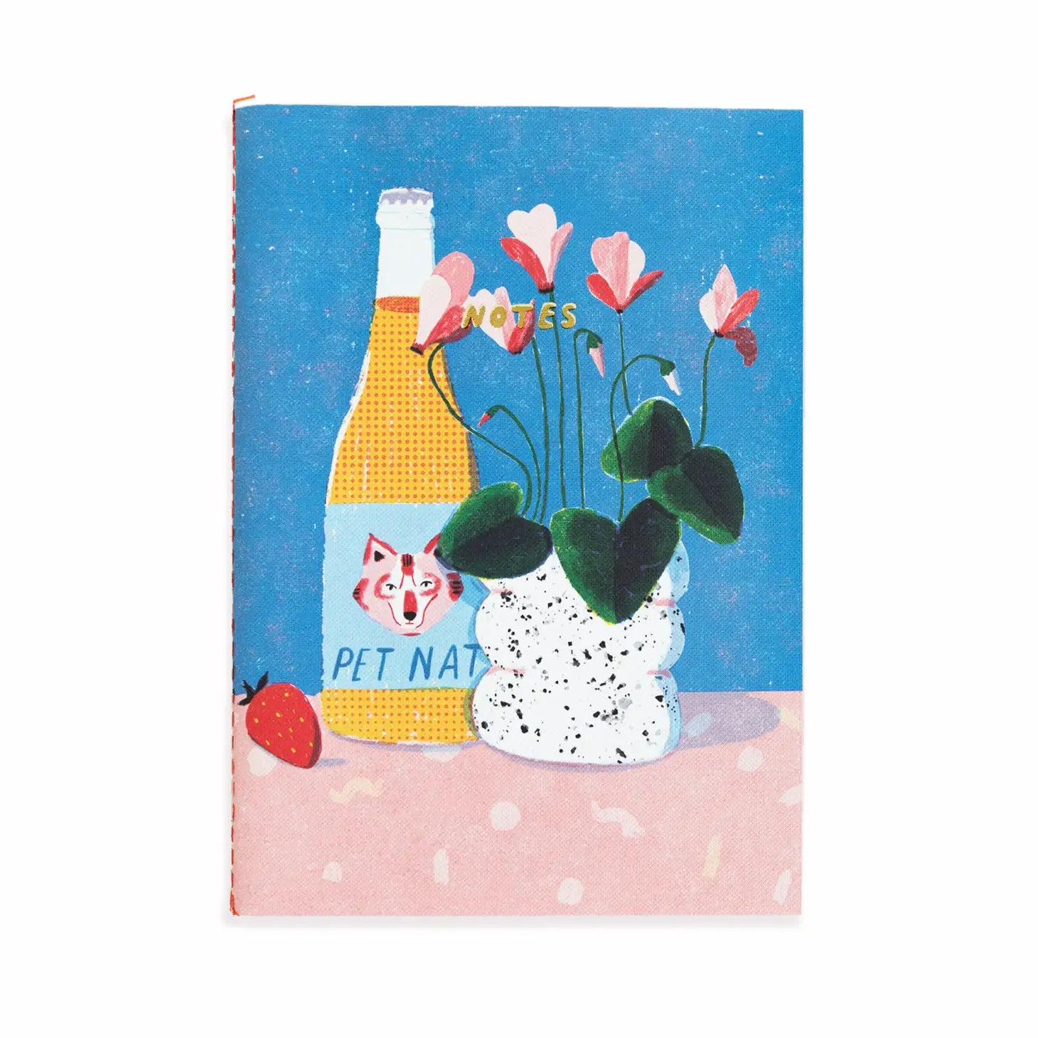 Stitch binded notebook. Image on front is a strawberry, bottle, and terrazzo planter with flowers inside on  a table. Top center of notebook reads "Notes"