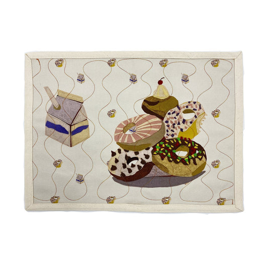 Donuts and milk placemat by Quirky Digs -- printed and topstitched poly cotton placemat 