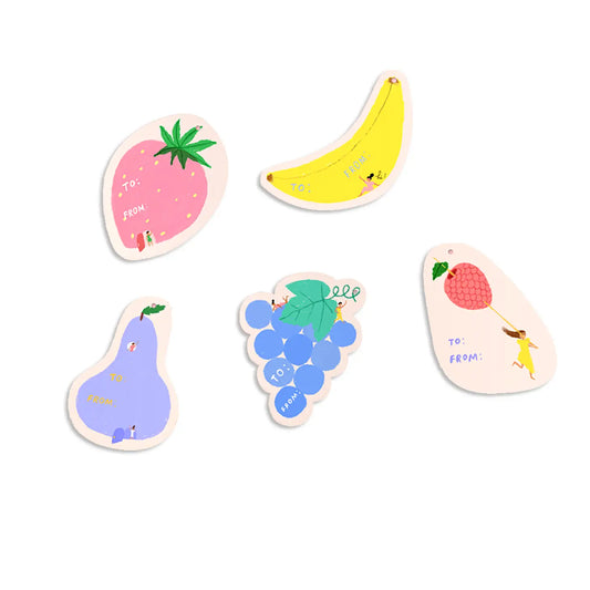 Set of 5 gift tags, each a different fruit -- strawberry, banana, pear, grapes and raspberry