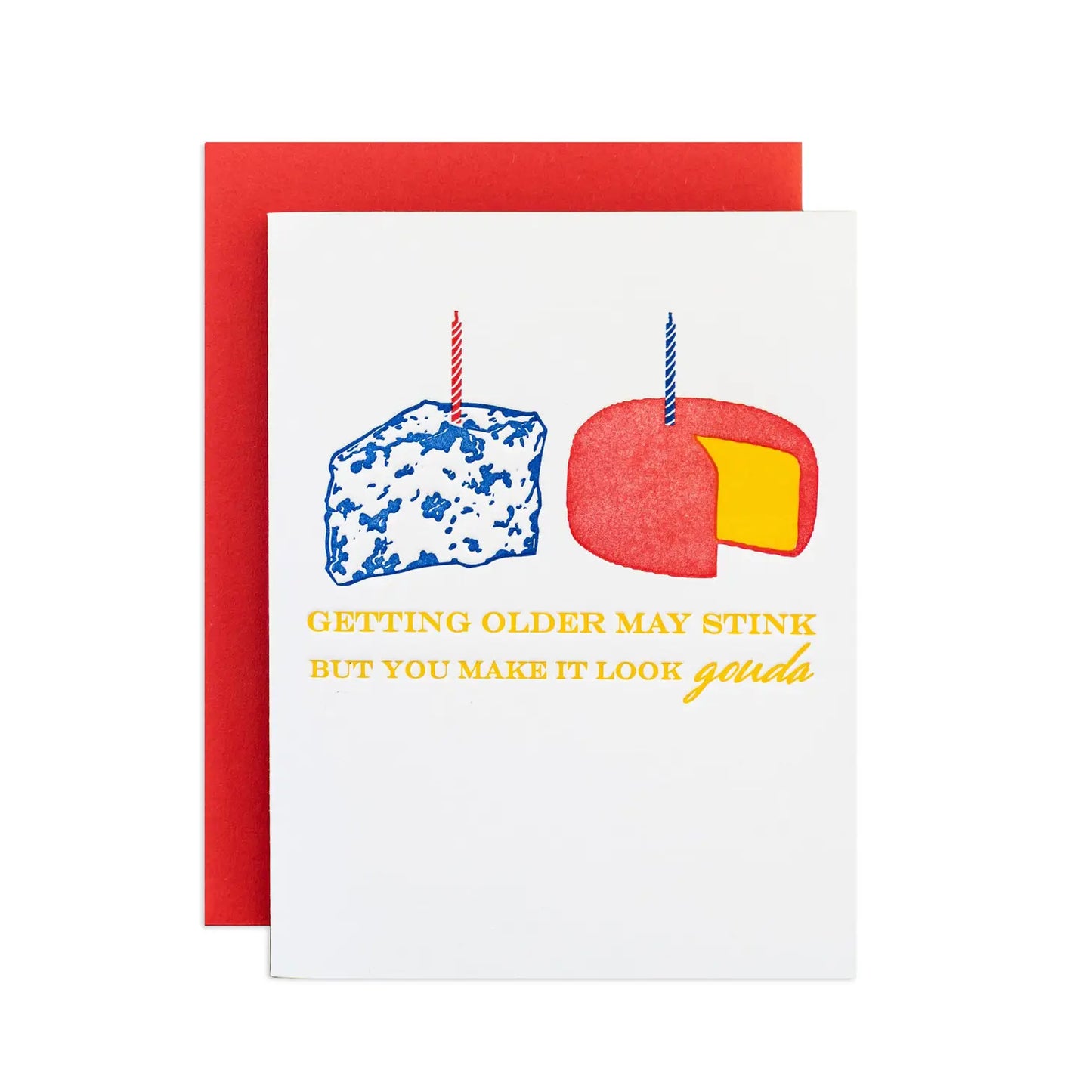 Cheese birthday greeting card -- card has two cheeses on it, each with a candle inside, and it reads "Getting Older May Stink But You Make It Look Gouda"