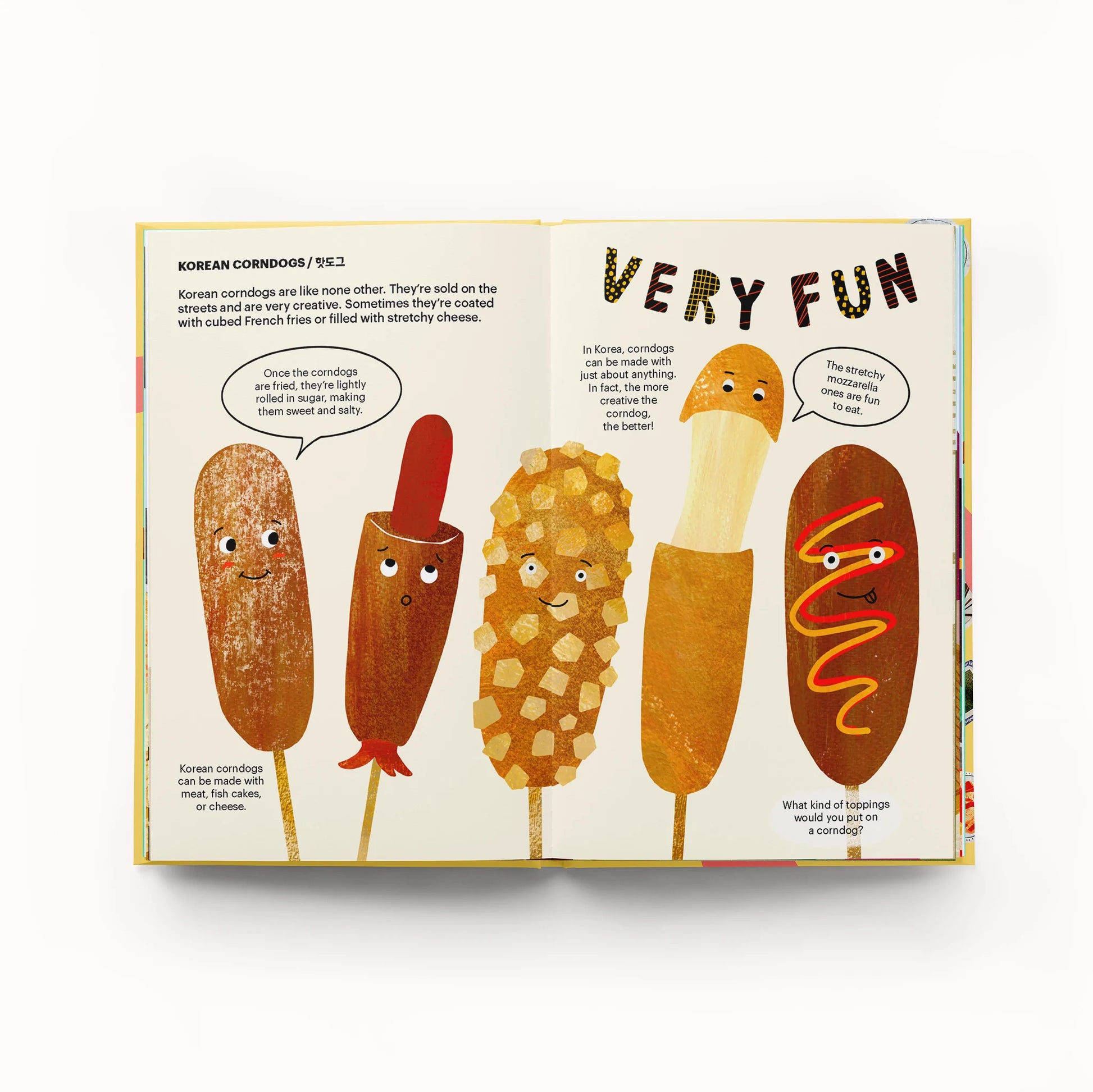 Inside pages of "A Very Asian Guide to Korean Food" --  Pages show 5 korean corndogs, all with different toppings and/or insides 