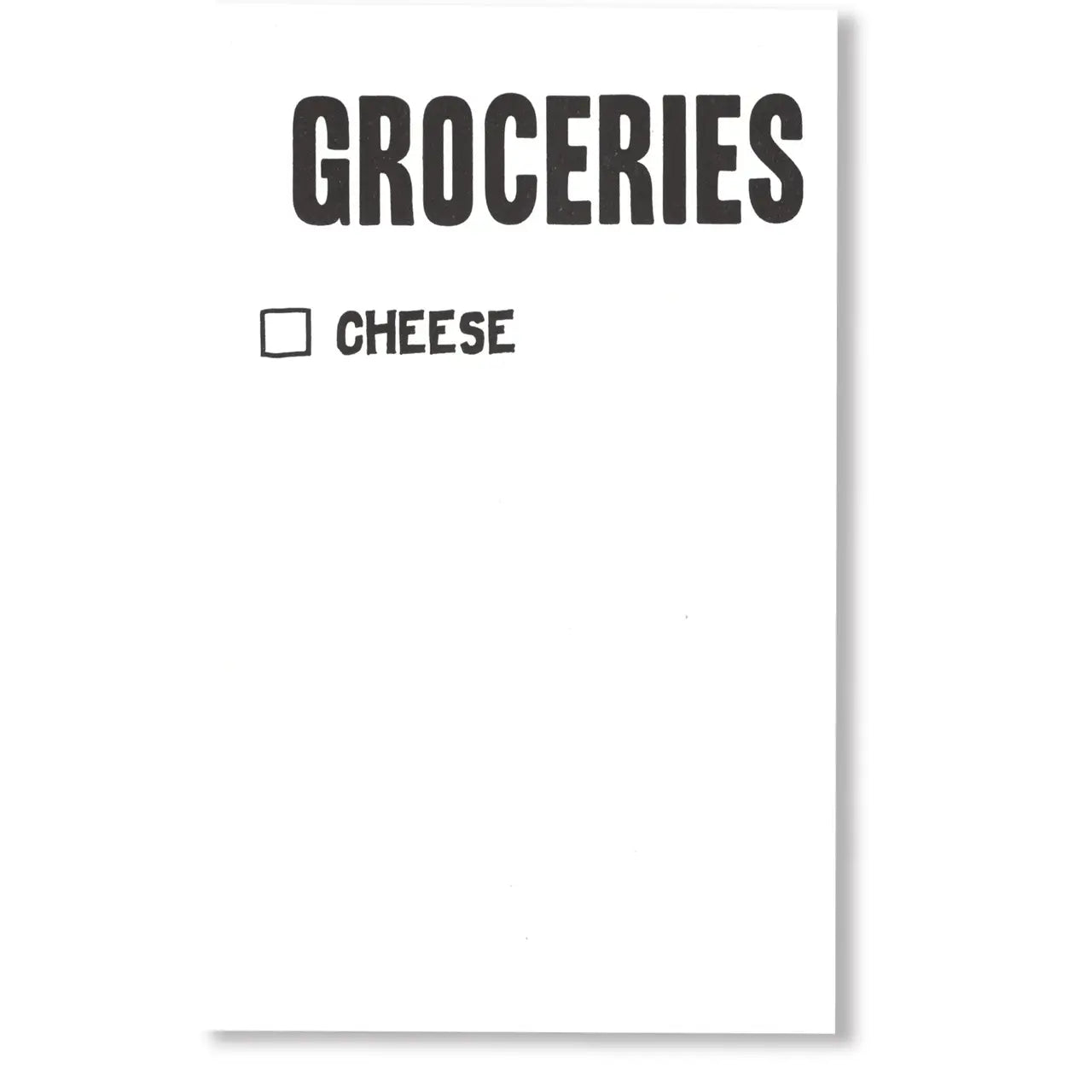 Mostly blank white notepad that says "Groceries" on top and only "Cheese" with a checkbox next to it 