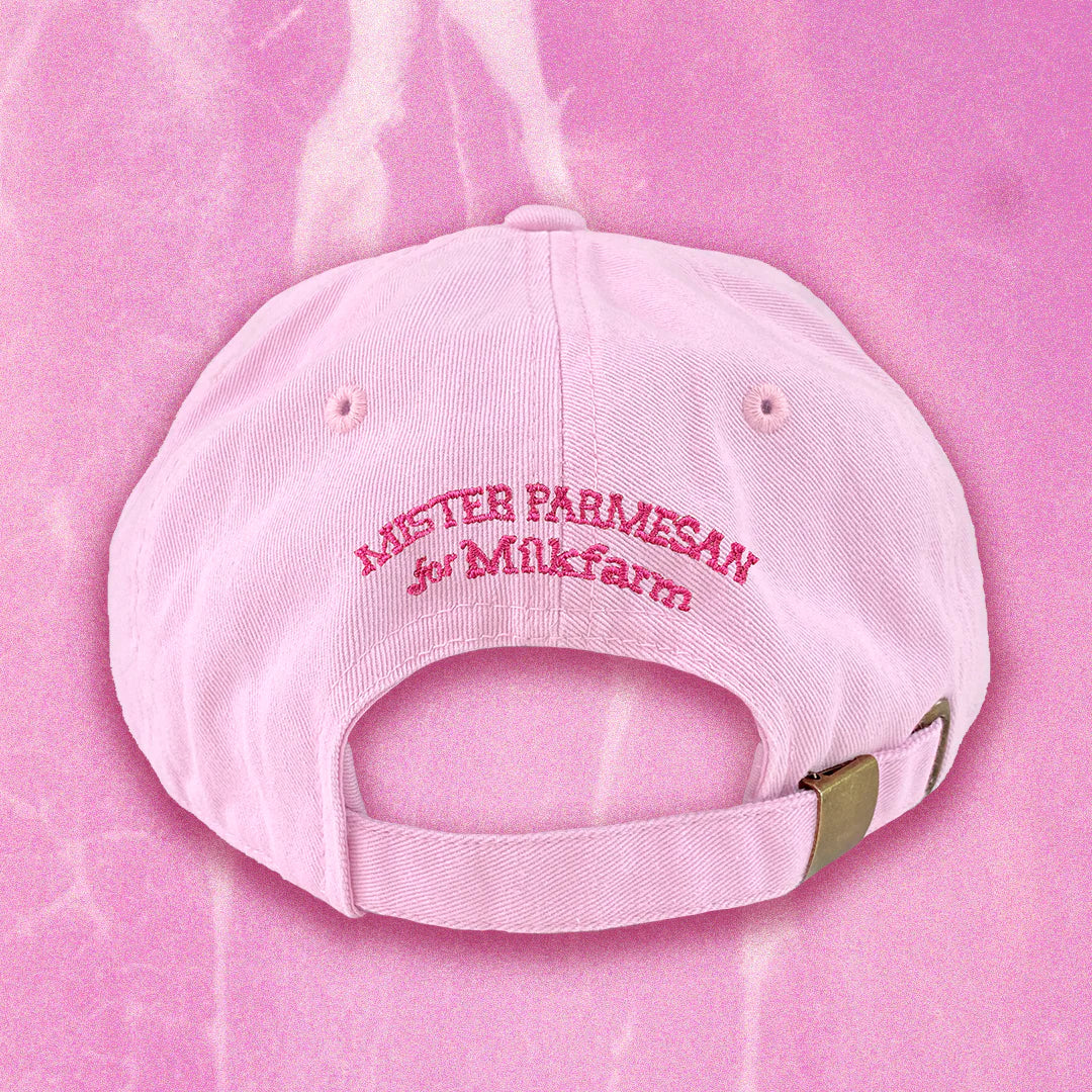 Back of HAM cap -- it reads Mister Parmesan for Milkfarm in pink 