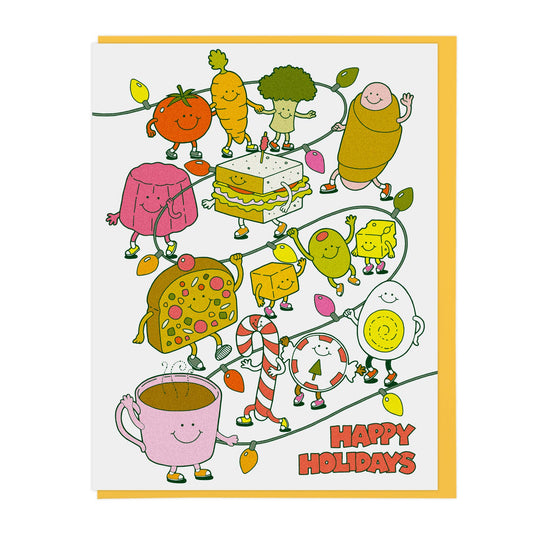 Holiday greeting card -- reads "Happy Holidays" and has images of different foods along a string of Christmas lights 