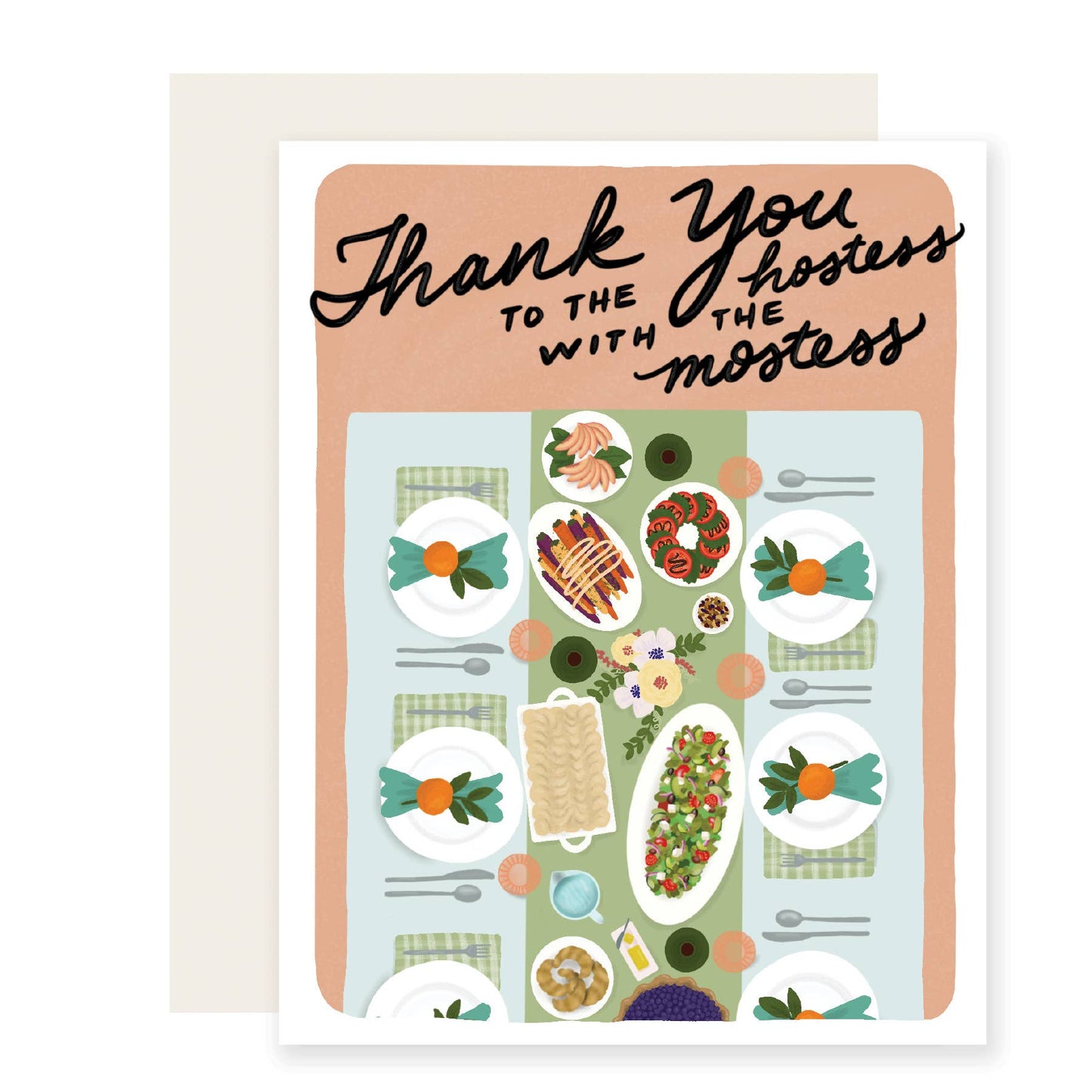 Thank you card with a long dinner table with all the fixings. Text reads: Thank you to the Hostess with the Mostess