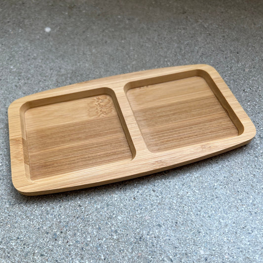 Wooden tray with two side by side, separated compartments. 