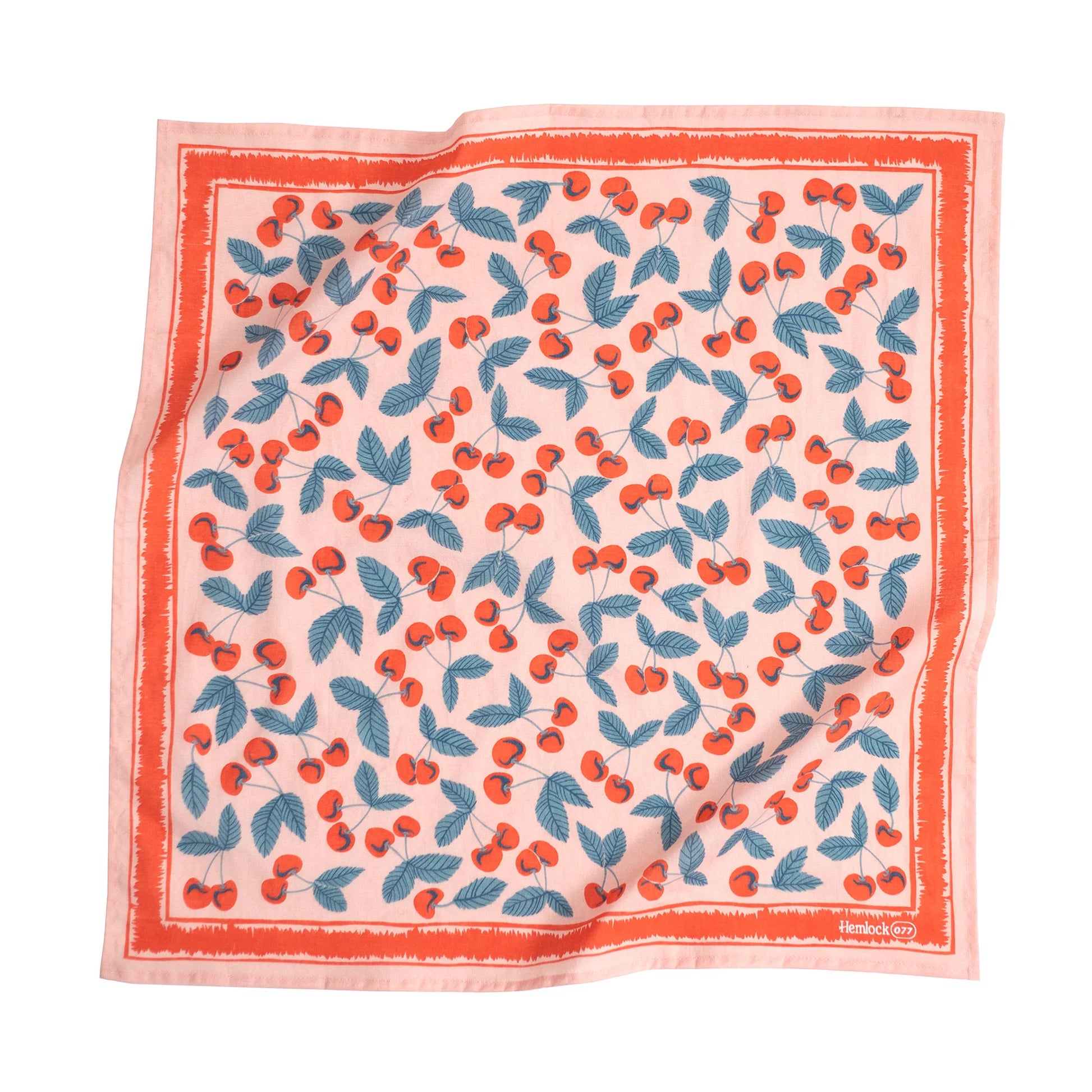 Light pink bandana with red border -- print is connected cherries with leaves