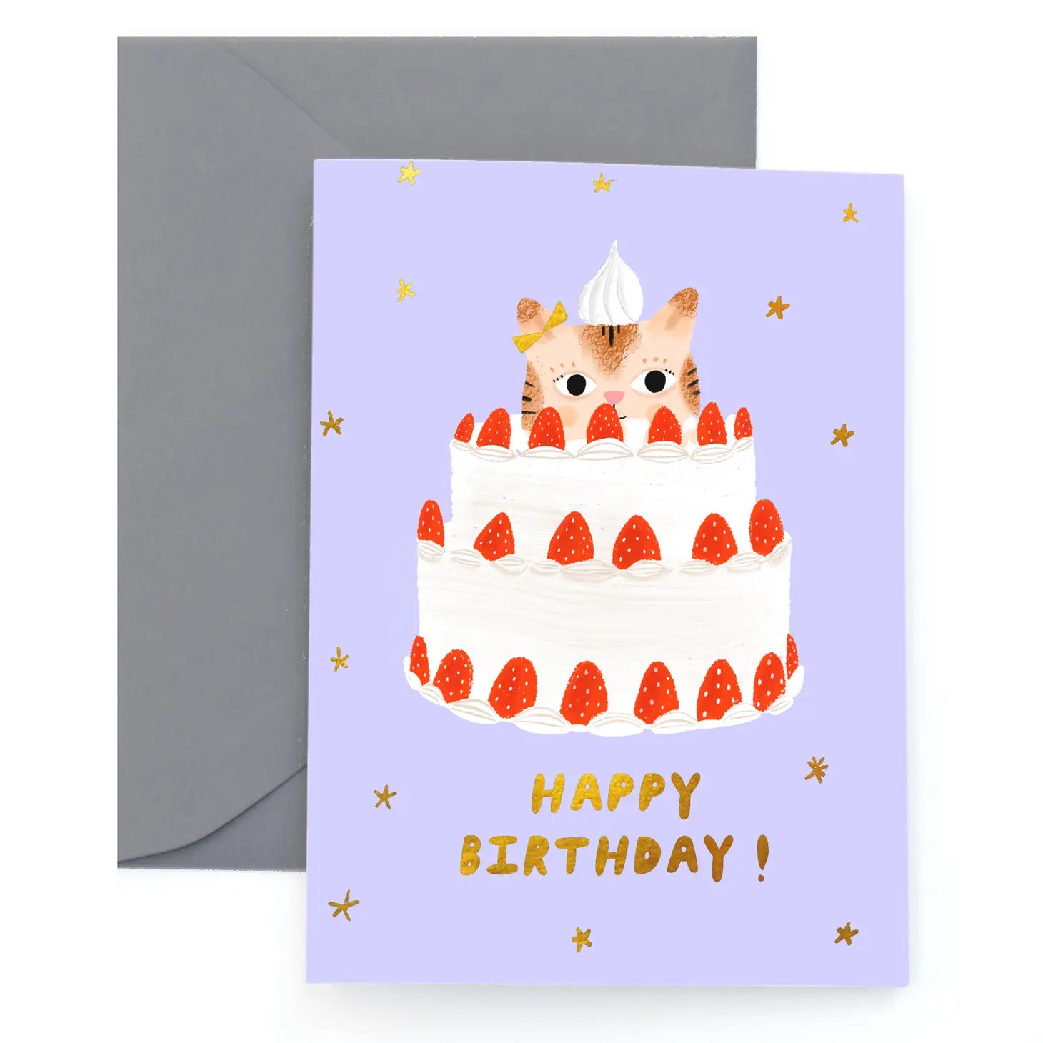 Blue greeting card with gold stars all over it. Main image is a tiered white cake. The bottom two tiers are white with strawberries and the top tier is the head of a cat with a dollop of cream on it's head. Bottom reads "Happy Birthday"