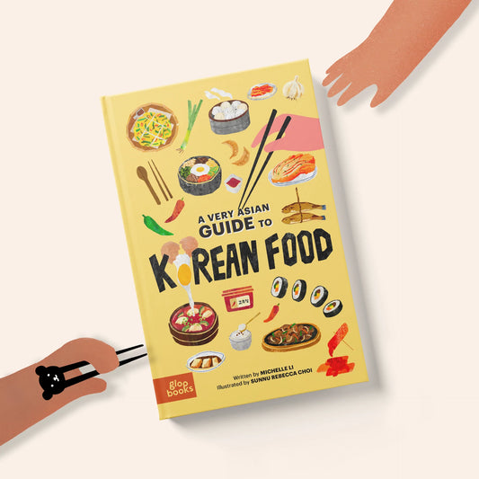 Front cover of book titled "A Very Asian Guide to Korean Food" that has various images of Korean foods all over