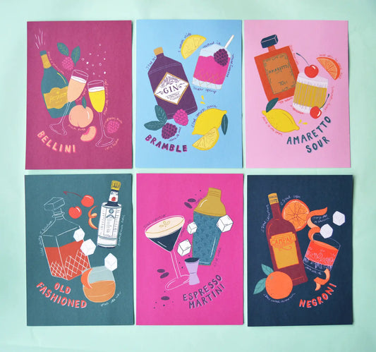 Cocktail Art Prints -- Bellini, Bramble, Amaretto Sour, Old Fashioned, Espresso Martini, Negroni