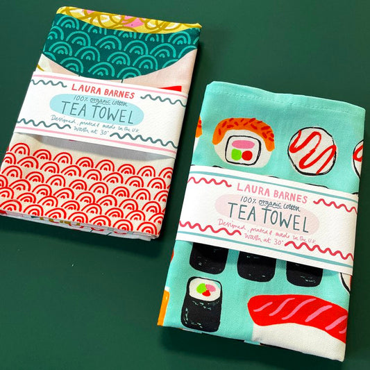 organic tea towels -- bowl of ramen and sushi 