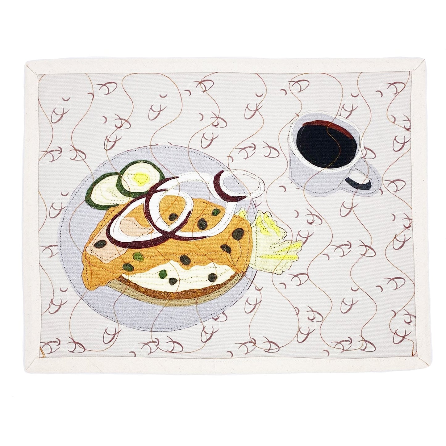 Bagel and lox and coffee placemat by Quirky Digs -- printed and topstitched poly canvas placemat 