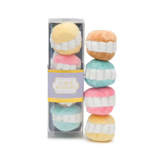 Cat toys made to look like macarons -- comes in a set of 4: brown, blue, pink and yellow, all with catnip inside 