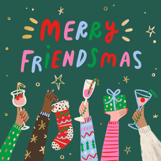 Holiday cocktail napkin that has hands raised in the air with cocktails, presents and Christmas stockings. Text reads: Merry Friendsmas