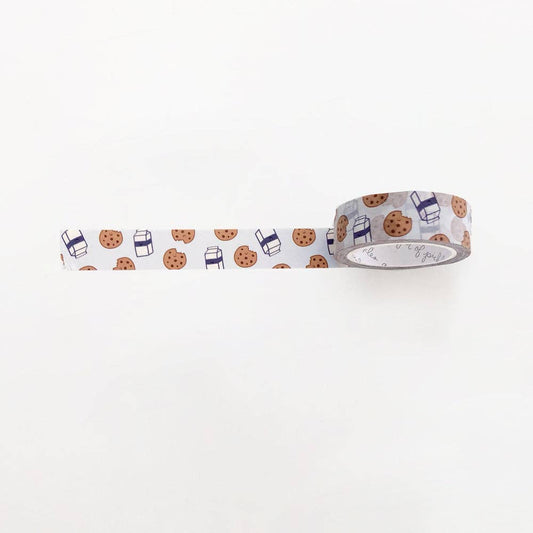 Unrolled washi tape with cookies & milk as the print