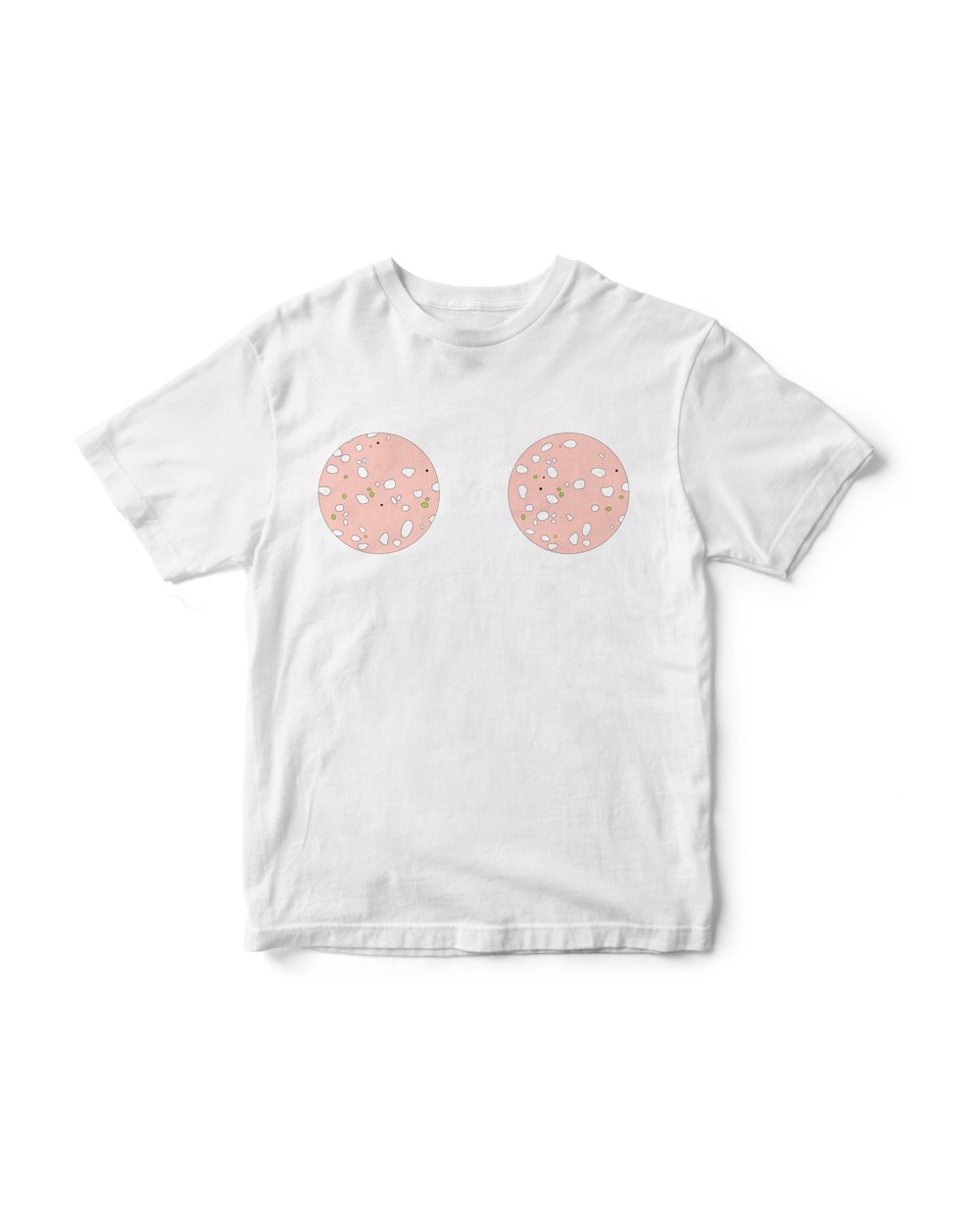 White t-shirt with two slices of mortadella in the middle, chest area. 